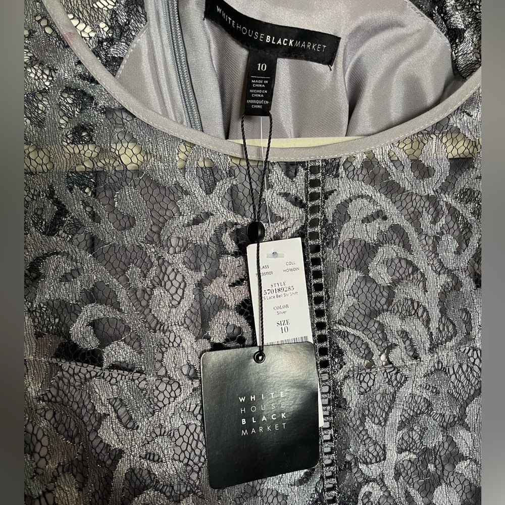 NWT! WHBM Silver Lace Bell Sleeve Shift Dress - Picture 9 of 13